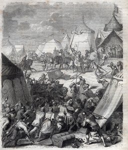 Hundertjähriger Krieg: Schlacht von Poitiers (1356). Gravur in „Geschichte der Päpste (...) Verbrechen der Königinnen, Könige und Kaiser durch die Jahrhunderte“ von Maurice Lachatre
