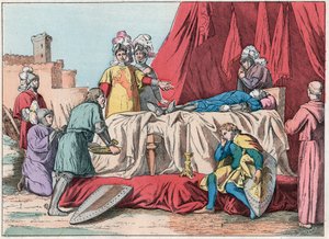 Hundertjähriger Krieg: „Der Tod von Bernard du Guesclin (1320-1380) vor Chateauneuf de Randon am 13.07.1380“ - Tod von Duguesclin (während der Belagerung von Chateauneuf-de-Randon am 13. Juli 1380) - Gravur aus dem Ende des 19. Jahrhunderts in „Nos Gires N von French School