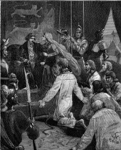 Hundertjähriger Krieg. Die Bürger von Calais: Hingabe von Eustache von St. Peter und seinen Gefährten an König Edward III. von England, unterstützt von Königin Philippa von Hennegau (1311-1369) von French School