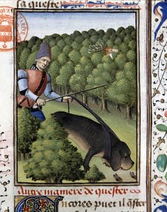 Jagdszene: ein Hund verfolgt den Hirsch (Spur) - in „Das Jagdbuch von Gaston Phoebus, Graf von Foix, Herr von Béarn“ von French School
