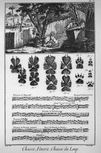 Die Jagd auf den Wolf (verschiedene Methoden oder Fallen, um die Wölfe zu fangen) - „Die Große Enzyklopädie, oder Dictionnaire Raisonne des Sciences, des Arts et des Metiers“ von Denis Diderot (1713-1784) von French School