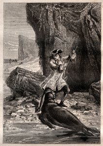 Ich stieß meine Schaufel in seine Brust: Woodes Rogers (1679-1732) wird 1709 auf einer der Galapagos-Inseln im Pazifischen Ozean von einem Seelöwen (Robbe) angegriffen - Illustration aus „Die großen Seefahrer des 18. Jahrhunderts“