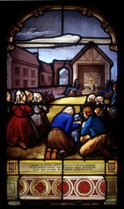 Ignace Le Garrec, Vikarpriester in Kerlaz während der Revolution, feiert eine letzte Pfarrmesse in einer Scheune in Caouët, Januar 1793 - Glasfenster der St. Germain Kirche in Kerlaz von French School