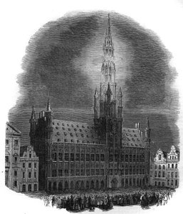 Beleuchtung des Brüsseler Rathauses am 26. September 1864 anlässlich des Jahrestages der Kämpfe, die Belgien von der niederländischen Herrschaft befreiten. Nach einer Skizze von M.D.A. Gravur in „The Illustrous Universe“