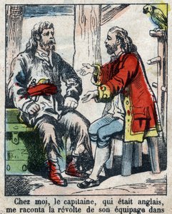 Illustration für das Buch von Daniel Defoe „Robinson Crusoe“. Epinal-Bild vom Ende des 19. Jahrhunderts