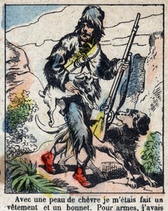 Illustration für das Buch von Daniel Defoe „Robinson Crusoe“. Epinal-Bild aus dem späten 19. Jahrhundert.