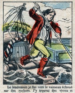 Illustration für das Buch von Daniel Defoe „Robinson Crusoe“. Epinal-Bild aus dem späten 19. Jahrhundert. von French School