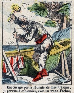 Illustration für das Buch von Daniel Defoe "Robinson Crusoe". Epinal-Bildgebung Ende des 19. Jahrhunderts.