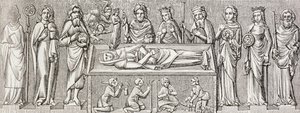 Illustration nach dem Basrelief auf dem Grab von Elisabeth von Ungarn, aus 