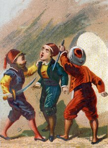 Illustration zu den Geschichten aus Tausendundeiner Nacht. Cassim, eifersüchtig auf Ali Baba, geht ebenfalls zur Höhle, vergisst aber das Wort zum Herauskommen und wird von Dieben ermordet