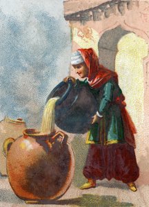 Illustration zu den Geschichten aus Tausendundeiner Nacht. Morgiane, eine Sklavin von Ali Baba, tötet die Diebe, indem sie kochendes Öl in jedes Gefäß gießt. Chromolithographie um 1890.