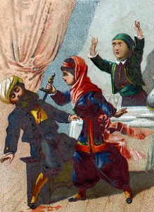 Illustration zu den Geschichten aus Tausendundeiner Nacht. Der Hauptmann verkleidet sich erneut und kehrt zu Ali Baba zurück, aber Morgiane erkennt ihn und ersticht ihn während eines Tanzes