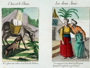 Illustration zu den Fabeln von Jean de la Fontaine (1621-1695): links „Der Esel und der Hund“, rechts „Die zwei Freunde“. Gravur des 19. Jahrhunderts. Musée La Fontaine, Château Thierry