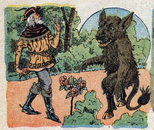Illustration zum Märchen "Die Schöne und das Biest": der Kaufmann schneidet eine Rose im Garten des Biests ab, um sie seiner Tochter Belle zu bringen. Gravur von Quinn imagery, ca. 1890