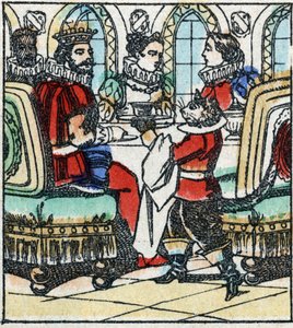 Illustration zu Charles Perraults Märchen „Der gestiefelte Kater“. Holzstich von Imaging Pellerin - Epinal, sp. 19. Jahrhundert. von French School