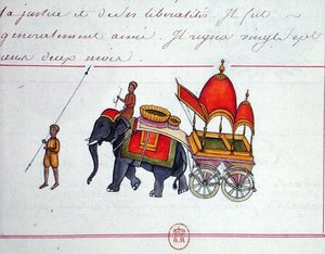 Illustration eines Elefanten, der einen Wagen zieht, frühes 19. Jahrhundert