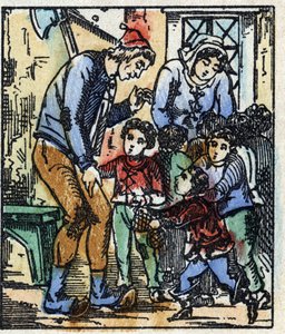 Illustration des Märchens „Der kleine Däumling“ von Charles Perrault. Holzstich aus Imaging Pellerin - Epinal, sp. 19. Jahrhundert. von French School