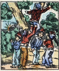 Illustration des Märchens „Der kleine Däumling“ von Charles Perrault. Holzschnitt von Imaging Pellerin - Epinal, sp. Ende des 19. Jahrhunderts.
