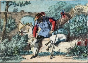 Illustration der Fabel von Jean de La Fontaine (1621-1695): Der Wolf wurde ein Schäfer. Epinal-Bild Ende des 19. Jahrhunderts.