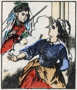 Illustration der Geschichte „Die Fee Bambinette“. Holzstich aus Imaging Pellerin - Epinal, sp. 19. Jahrhundert.