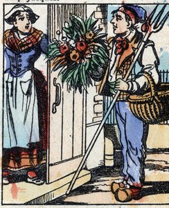 Illustration der Geschichte „Die Gabel des Teufels“. Holzstich aus Imaging Pellerin - Epinal, sp. 19. Jahrhundert.