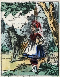 Illustration des Märchens „Rotkäppchen“ von Charles Perrault. Holzschnitt von Imaging Pellerin - Epinal, sp. Ende des 19. Jahrhunderts.