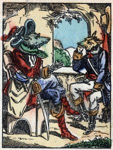 Illustration des Märchens „Der Wolf, die Ziege und die sieben Geißlein“ Holzgravur von Imaging Pellerin - Epinal, sp. 19. Jahrhundert.