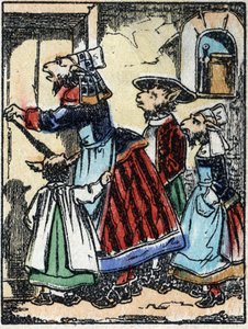 Illustration der Geschichte „Der Wolf, die Ziege und die sieben Geißlein“. Holzstich aus Imaging Pellerin - Epinal, sp. 19. Jahrhundert. von French School