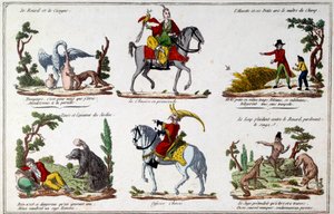 Illustrationsplatte für die Fabeln von Jean de La Fontaine: Der Fuchs und der Storch, der Chinese beim Spaziergang, der Bär und der Gartenliebhaber, der chinesische Offizier. Gravur