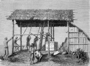 Illustration veröffentlicht in der Ausgabe von 1862 von „Le Tour du monde“, die einen Schmied bei den Dayaks auf der Insel Borneo zeigt. Gravur
