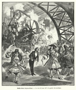 Imaginierter Besuch von König Ludwig XIV. und seinem Hof im Maschinenpavillon auf der Weltausstellung in Paris 1889 von French School