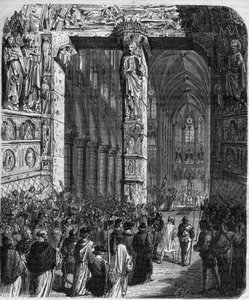 In Canossa, Kaiser Heinrich IV. des Heiligen Römischen Reiches (1050 - 1106) in Büßergewand bittet Papst Gregor VII. (Hildebrand: 1015/20 - 1085) um Vergebung. Aus „Crimes of the Queen King and Emperors through the centuries“ von Mauri