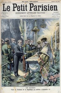 In Russland: Besuch von Präsident Emile Loubet (1838-1929) am Grab von Alexander III. (1845-1894), Kaiser von Russland, in „Le Petit Parisien“.