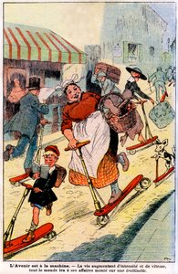 In der Zukunft, das Leben nimmt an Intensität und Geschwindigkeit zu, jeder wird zu seinem Geschäft auf einem Roller gehen. 1919 (Gravur) von French School