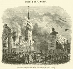 Brand der Kirche Saint-Pierre in Hamburg am 7. Mai 1842 von French School