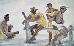Einwohner von Tahiti, Gesellschaftsinseln, Aquarell von Jules-Louis Lejeune, basierend auf Voyage around world