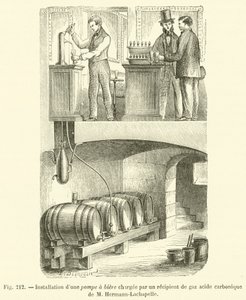 Installation einer Bierpumpe, geladen durch einen Kohlensäurebehälter von M. Hermann-Lachapelle