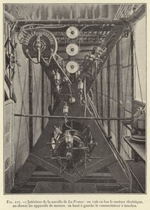Innenraum der Gondel von La France: unten sieht man den Elektromotor, darüber die Messgeräte, oben links den Tastschalter von French School