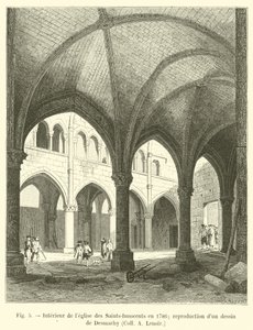 Innenraum der Kirche der Saints-Innocents im Jahr 1786; Reproduktion einer Zeichnung von Desmachy, Sammlung A. Lenoir