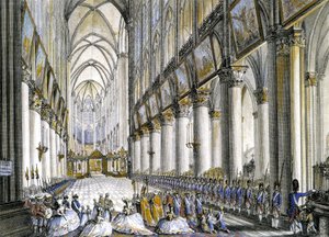 Innenansicht von Notre-Dame de Paris, bei der Ankunft von Marie Antoinette (1755-1793), Königin von Frankreich, um der berühmten Messe zur Geburt ihres Sohnes, des zukünftigen Ludwig XVII (1785-1795), beizuwohnen. Gravur 18. Jahrhundert von French School