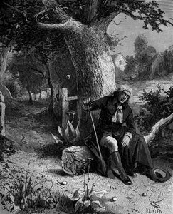 Isaac Newton (1642-1727), englischer Mathematiker und Astronom, entdeckt das Konzept der Erdanziehung durch einen Apfel, der von einem Apfelbaum in Woolsthorpe fällt von French School