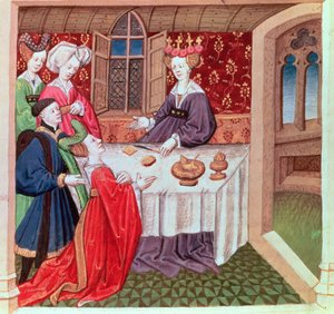 Isolde bittet Königin Guinevere um Schutz, Roman du Chevalier Tristan von French School