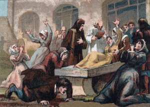Jansenismus: Die Konvulsionäre (jansenistische Fanatiker) des Friedhofs Saint Medard unter Ludwig XV. Chromolithographie um 1890
