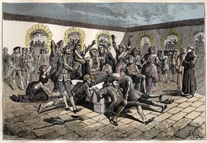 Jansenistischer Konvulsionär (oder Saint Medard) (Werke der Konvulsionen) im 18. Jahrhundert: „die Kranken und Gebrechlichen gehen zum Friedhof von Saint-Medard (wo sich das Grab des Diakons Francois Paris befindet), um wundersam geheilt zu werden“ (Konvul von French School