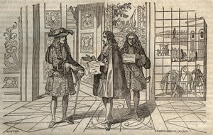 Jean-Baptiste Colbert (1619-1683) in einer Besprechung mit König Ludwig XIV. und François Louvois (1641-1691) in Versailles - Gravur nach Leclerc