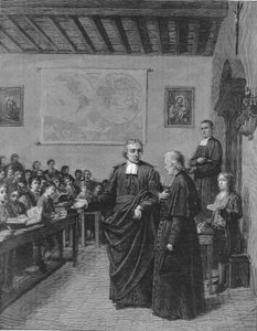 Jean Baptiste De La Salle (Jean-Baptiste) 1651-1719 französischer Geistlicher, Gründer der Kongregation der Brüder der christlichen Schulen, zeigt M. de La Chetardie eine seiner Schulen. Gravur aus dem späten 19. Jahrhundert.