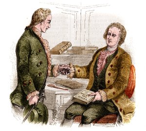 Joseph de Maistre (1753-1821), französischer Politiker, Schriftsteller und Philosoph, und Graf Xavier de Maistre (1763-1852), französischer Offizier und Schriftsteller mit der ersten Ausgabe von „Reise um mein Zimmer“. Waldzeichnung. Gravur von 1852.