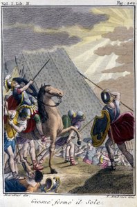 Josua stoppt den Lauf der Sonne, Gravur nach einer französischen Ausgabe der Bibel präsentiert von De Sacy. Paris