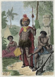 Reise von Kapitän James Cook (1728-1779): Eingeborene der Marquesas-Inseln - Illustration aus „Die großen Seefahrer des 18. Jahrhunderts“ von French School