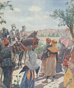 Reise von Kaiser Wilhelm II. (1859-1941) nach Palästina. Die Ankunft in Jerusalem, aus einer Zeitung, 2. November 1898 von French School